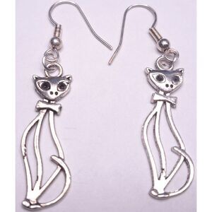 Hollow Sophisticat Tall Cat Earrings Ear Rings Silvertone Kitty Kitten Sitting